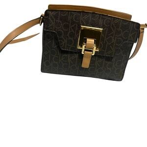Calvin Klein CK Brown Leather Cross Body Shoulder Purse Medium Bag Gold Buckle